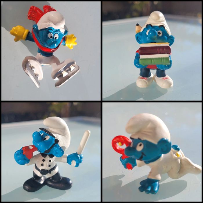 Figurines anciennes Schtroumpfs : patineur, policier, étudiant, bébé S. avec hochet
