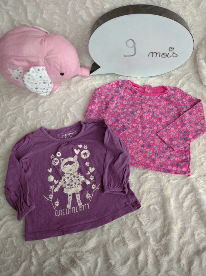 Lot de 2 tee shirt manches longues Fille 9 mois Fleurs Chat Cute Little kitty In Extenso 100% coton