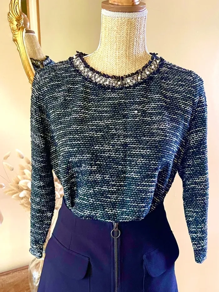 sublime Top maille tweed effet bouclette col rond perles manches 3 4 neuf - photo numéro 10