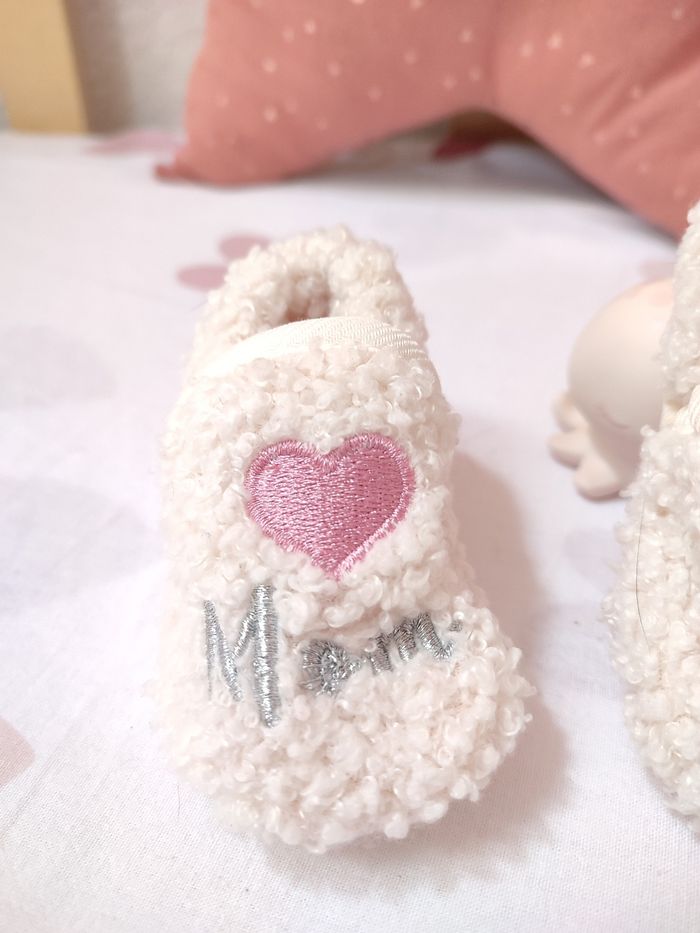 Paire de chaussons Dad Mom - Neuf - Naissance - Beige et rose - Teddy - photo numéro 4