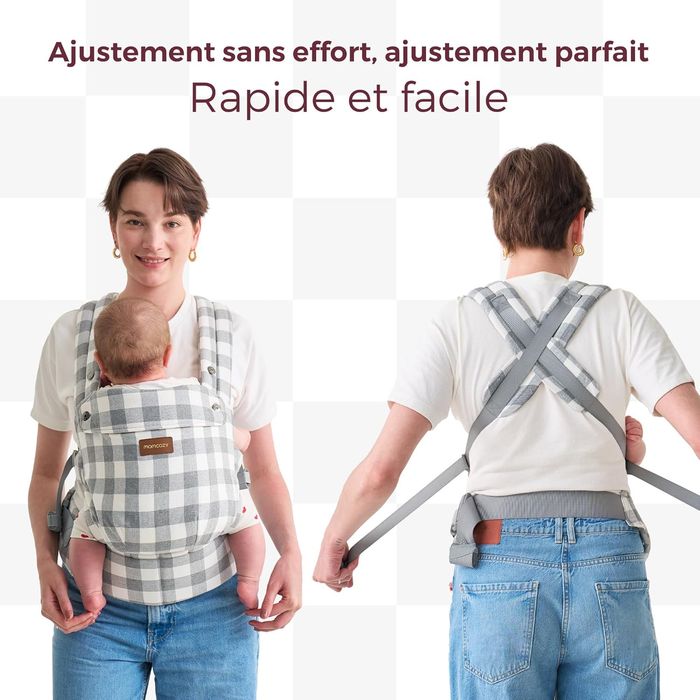 Porte-bébé Momcozy neuf – coton et lin, motif à carreaux bleu-gris - photo numéro 7