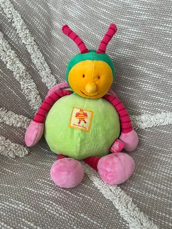 Peluche doudou 28cm moulin roty abeille coccinelle vert et rose très bon état