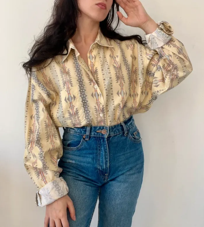Chemise oversize vintage jaune pastel à motifs manches longues oversize femme/homme - photo numéro 3