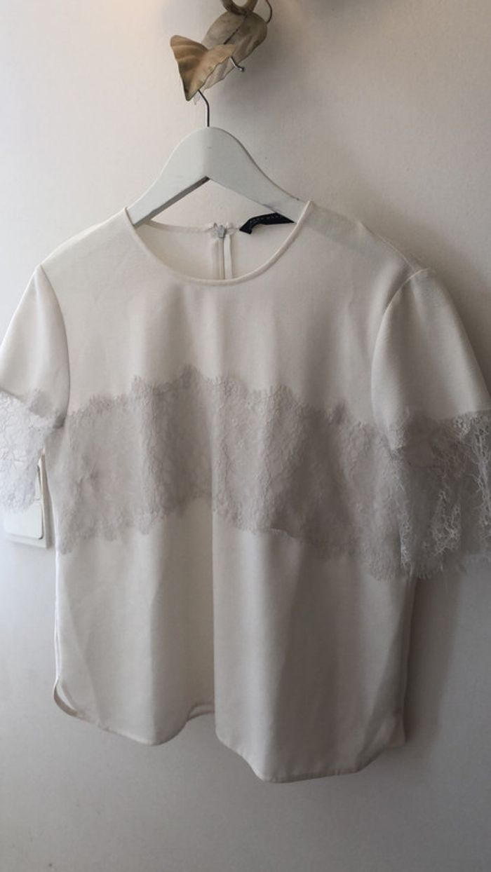 Haut blouse dentelle blanc cassé crême zara taille L - photo numéro 5
