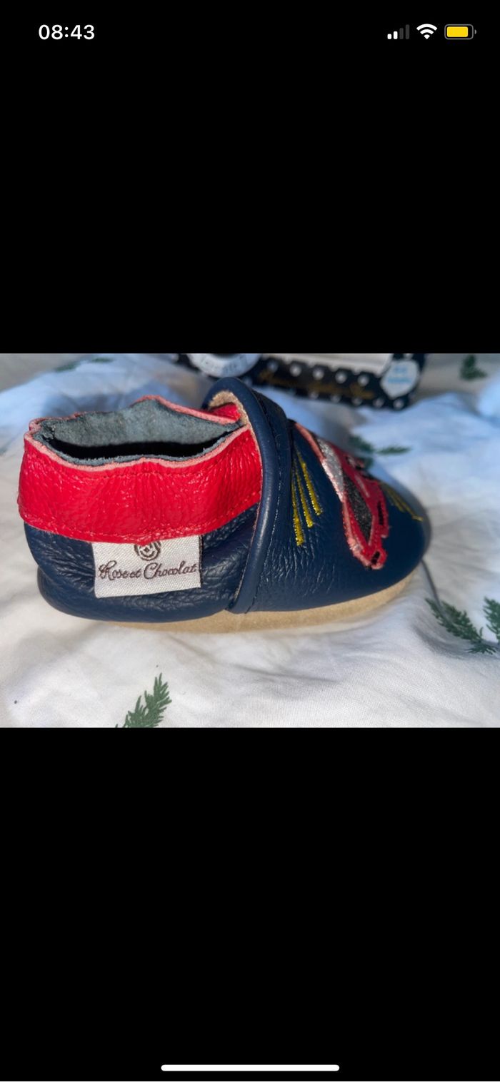 Chaussons cuir bébé 0-6mois 18-19 rose et chocolat bleu voiture - photo numéro 4
