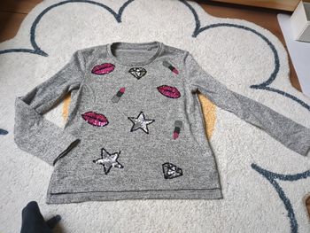 Pull fin gris girly maquillage paillettes sequins neuf 7 ans