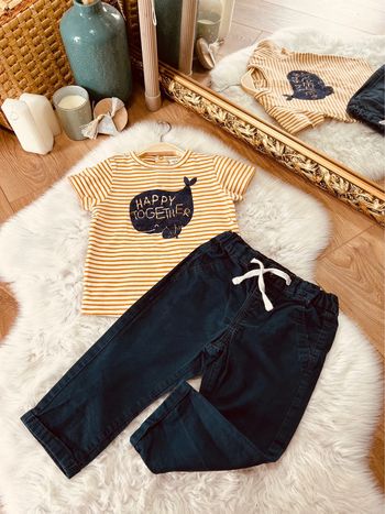 Taille 18 mois ensemble d’été 2 pièces garçon TAO Kiabi bleu marine et moutarde * baleine * 💙