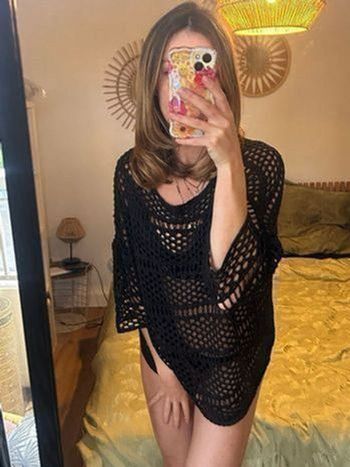 🖤 Haut en maille ajourée noire – Style crochet – Taille S/M