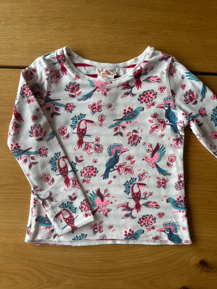 Teeshirt ML réversible un côté fond blanc oiseaux et fleurs, l’autre marinière - Taille 4 Ans - photo numéro 2