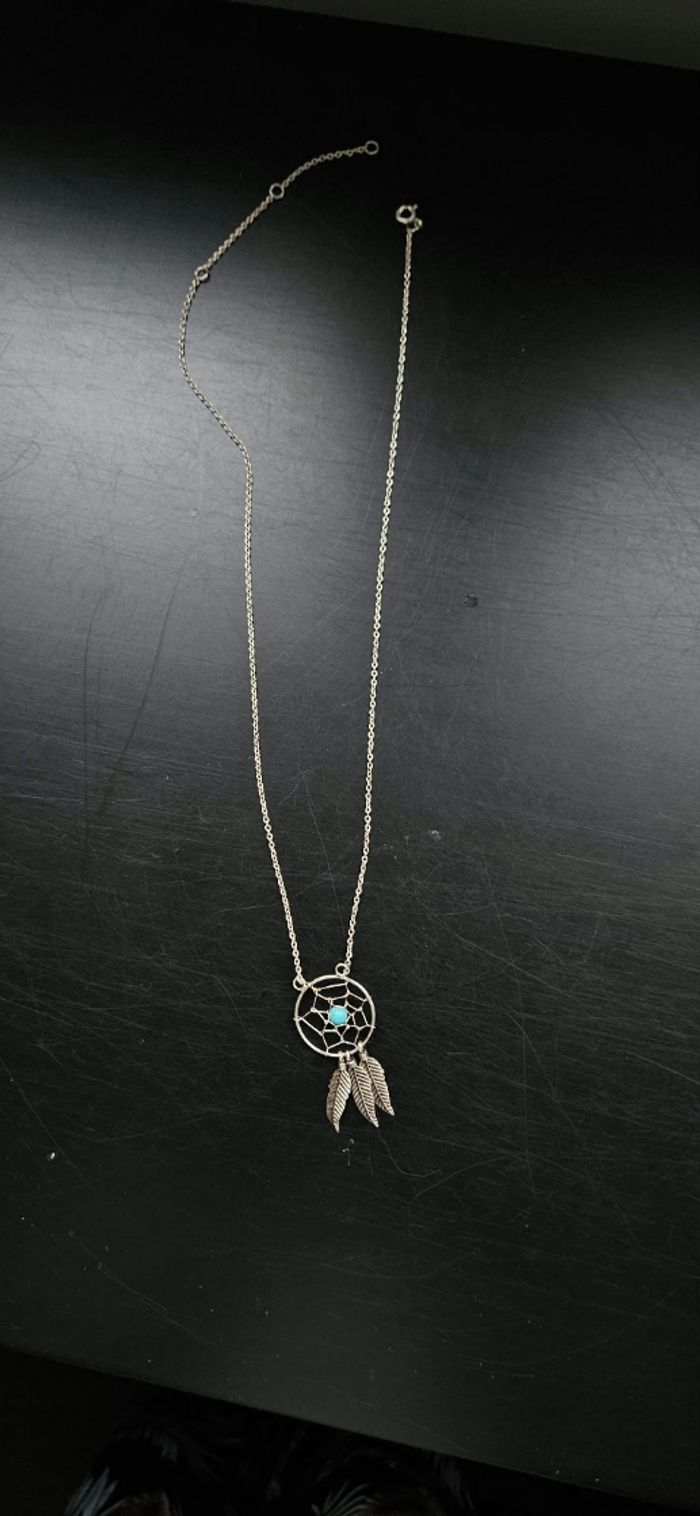 Collier attrape-rêves argenté avec perle turquoise – style bohème - photo numéro 2