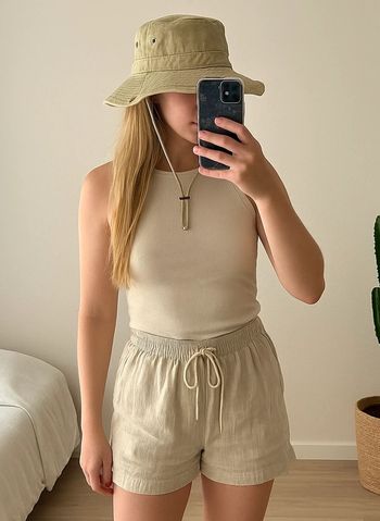 Chapeau unisexe beige kaki effet denim avec cordon neuf