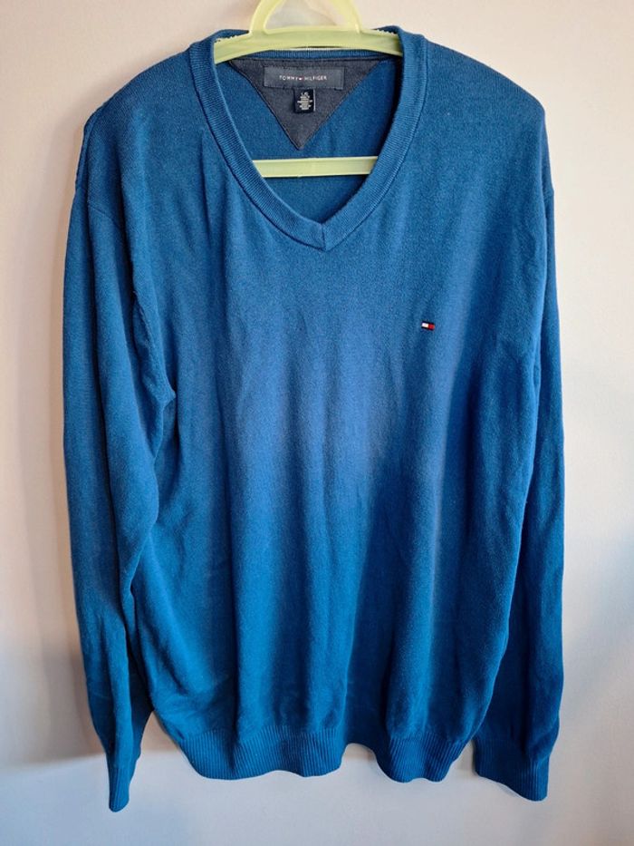 Pull tommy hilfiger bleu homme - taille XL - col V - coton