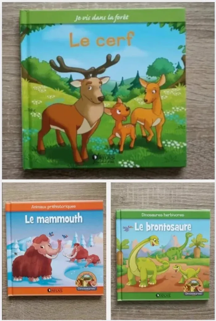 lot de 3 livres edition atlas animaux cerf mammouth bontosaure