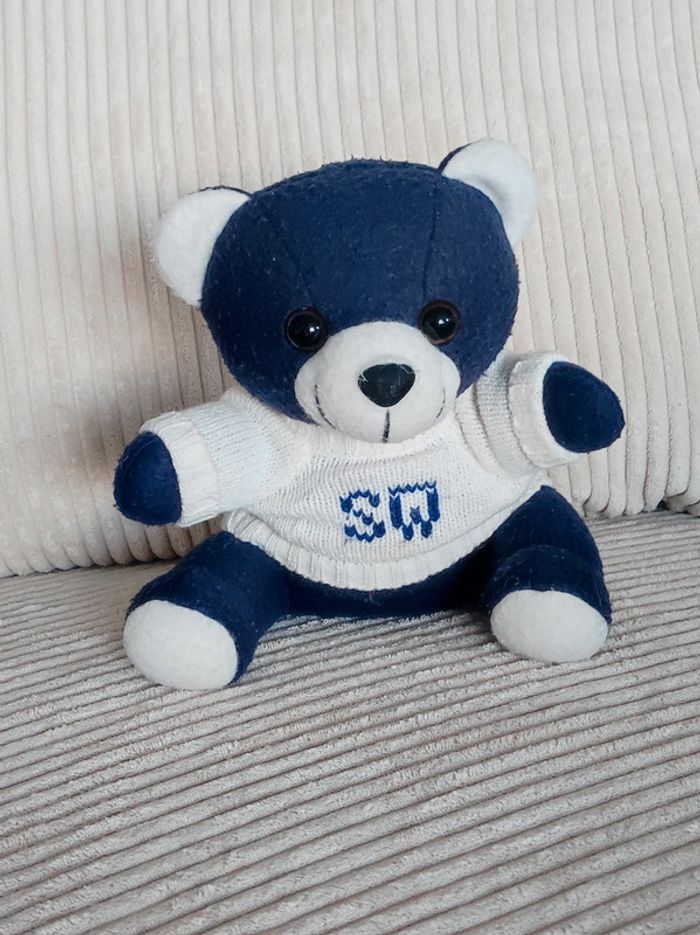 Peluche ours bleu marine pull blanc SW vintage / La Redoute