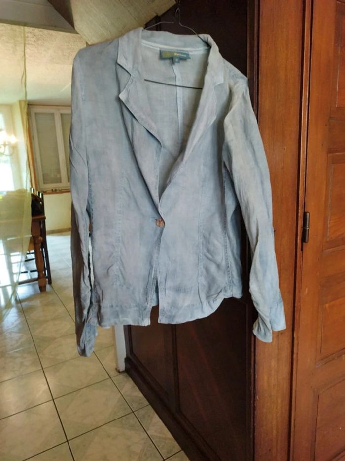 Veste blazer tailleur 100% ramie bleu clair M/38 - photo numéro 2