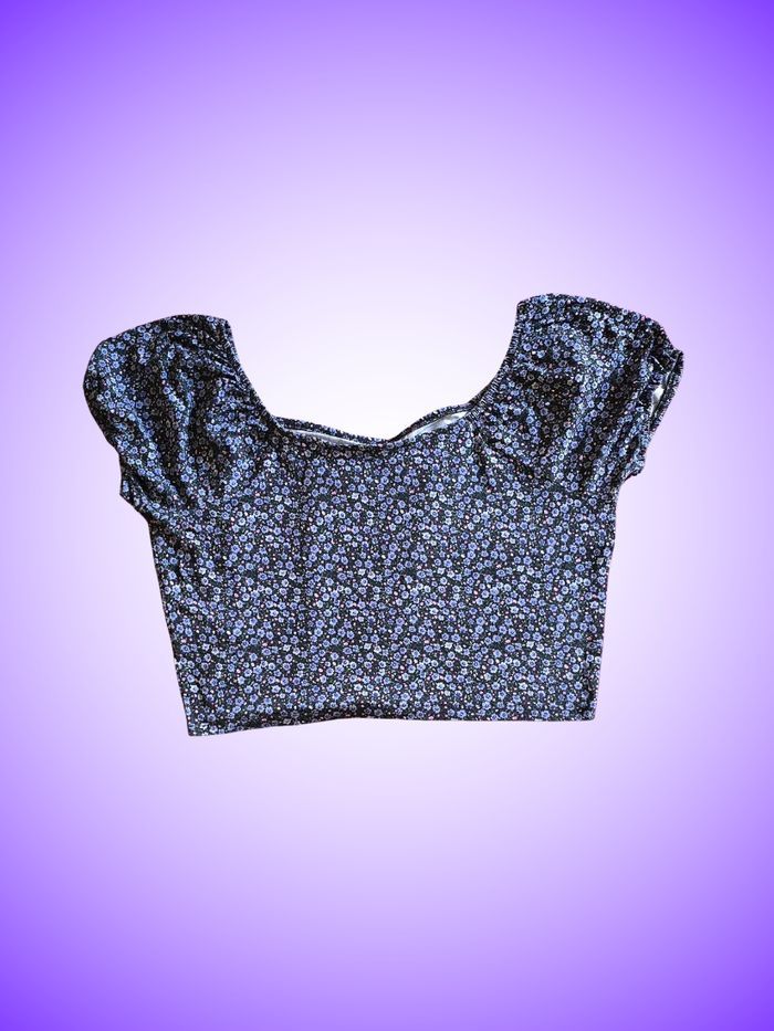 Crop Top Lulu Castagnette – Imprimé Fleuri / Liberty – Encolure Dégagée – Noir & Violet – Taille 42 XL – Très Bon État - photo numéro 2
