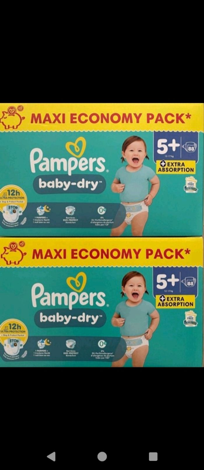 Lot 2 cartons Pampers taille 5+, 2x88 couches