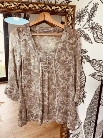 Taille S ~ 36 blouse manches 3/4 femme beige et violet 🌺