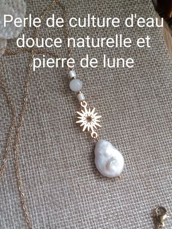 Collier perle de culture d'eau douce et soleil + perle de lune naturelle