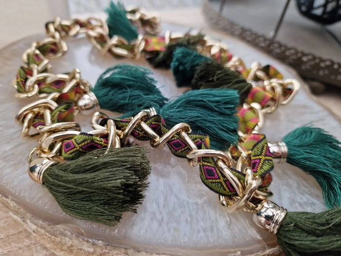 Collier Sautoir Boheme Doré Pompons Verts Ruban Multicolore - photo numéro 9