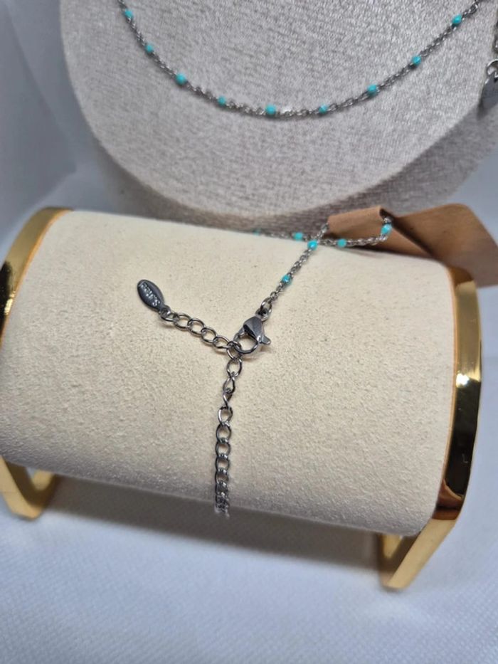 Parure argenté de 2 bijoux : 1 collier et 1 bracelet perles turquoise 🌸 Acier inoxydable - photo numéro 3