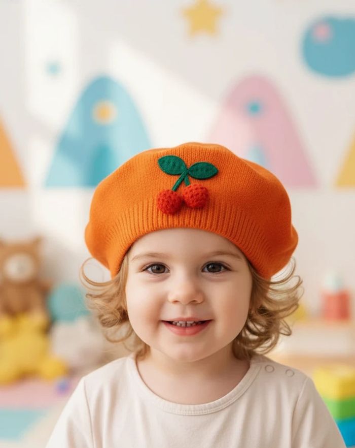 🍒 Unique Orange Cotton Beret with Handmade Cherry Detail – Cozy Autumn & Winter Hat – Gift Ready - photo numéro 2