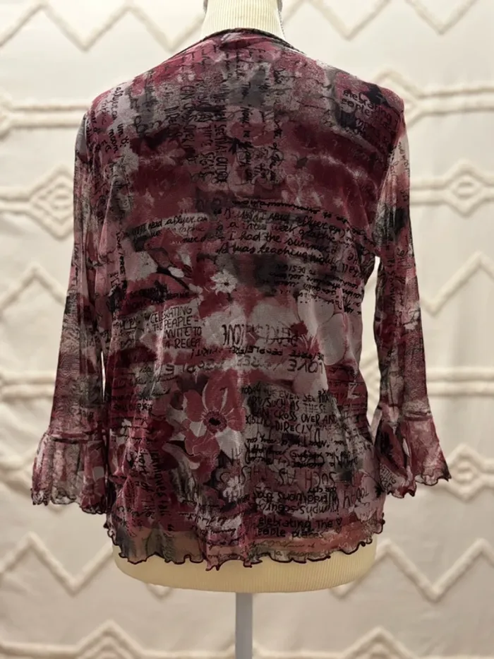 Haut vintage transparent à manches évasées - imprimé texte & fleurs - photo numéro 5