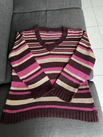 Pull Femme Burton Neuf – Rayé Prune / Rose / Beige – Taille 5 (FR 44/46)