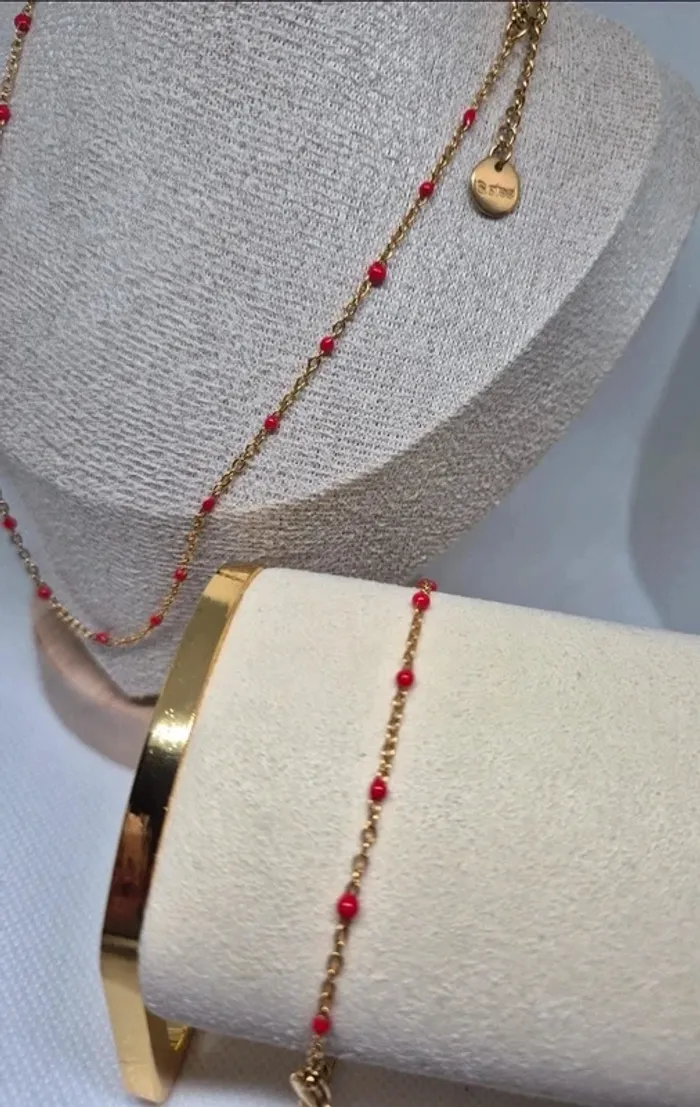 Parure lot de 2 bijoux en acier inoxydable style gigi  🌸 perles rouges - photo numéro 4