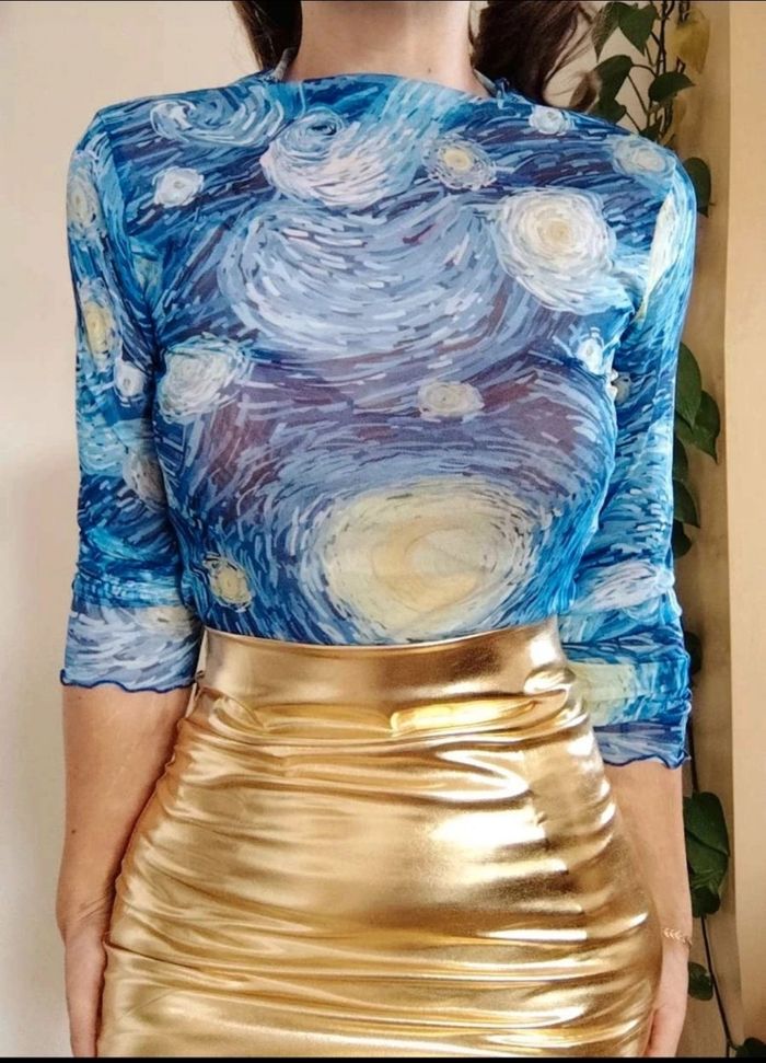 Haut à manches longues semi transparent motif van Gogh original artistique soirée techno rave - photo numéro 2