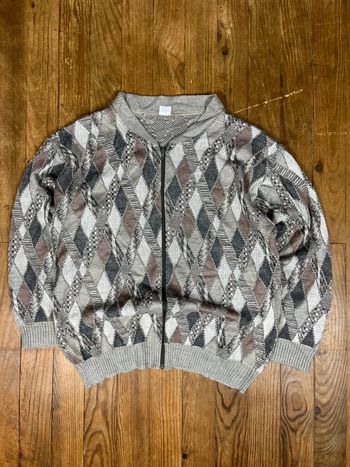 Pull cardigan zip-up maille vintage motifs carreaux multicolore XL