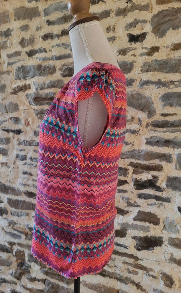 Blouse manches courtes à motifs rose corail bleu turquoise Camaïeu Taille 36 - photo numéro 3