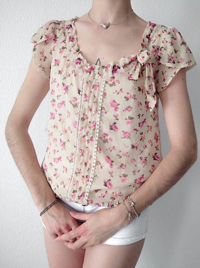 Chemisier bouffant volant écru fleur rose coquette / Vera Moda - 36/S - photo numéro 5