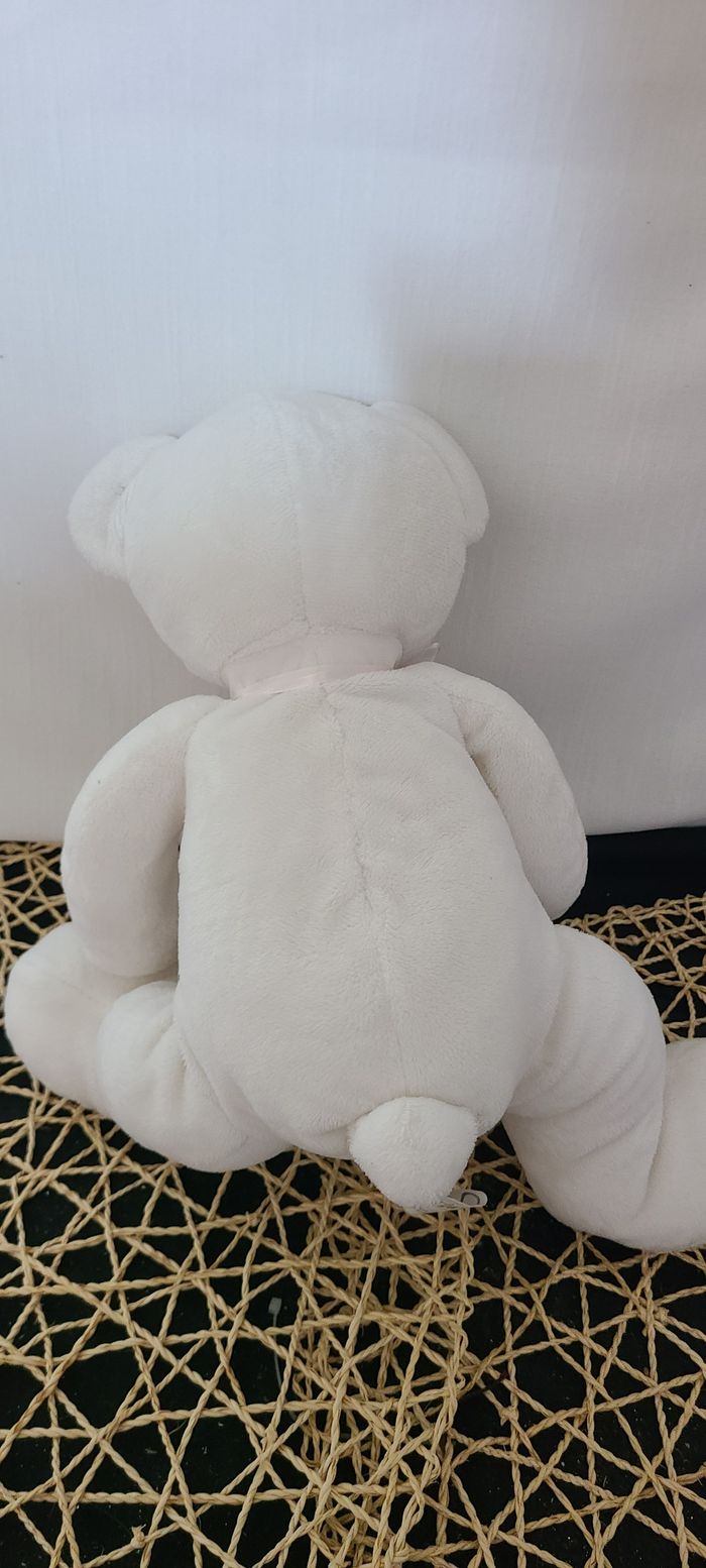Doudou peluche ours blanc, noeud rose, Playkids - photo numéro 2