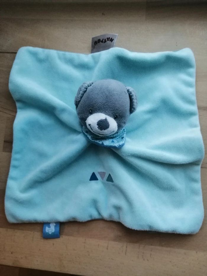 Doudou plat Jules ours nattou Jack Jules et Nestor bleu vert gris 26 cm