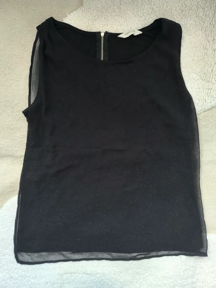 🖤 Haut noir Naf Naf sans manches – Bimatière & voile pailleté – Taille L