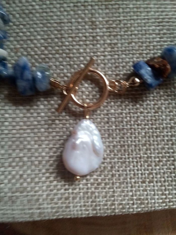 Collier pierres naturelles de sodalite et perle de culture d'eau douce naturelle - photo numéro 2