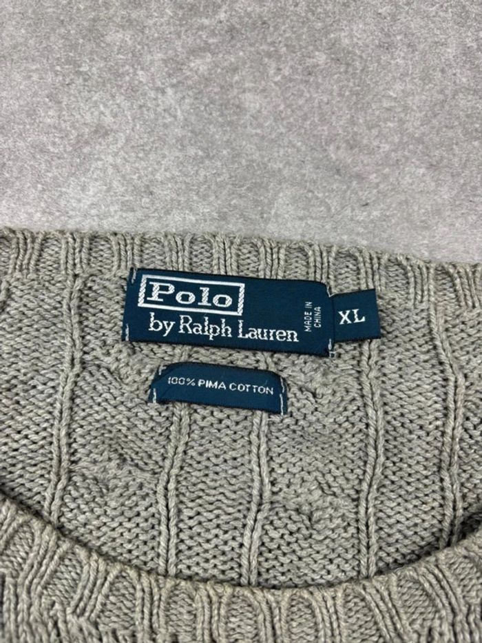 Pull d’hiver torsadé en maille Ralph Lauren col rond gris logo bleu marine taille XL - photo numéro 7
