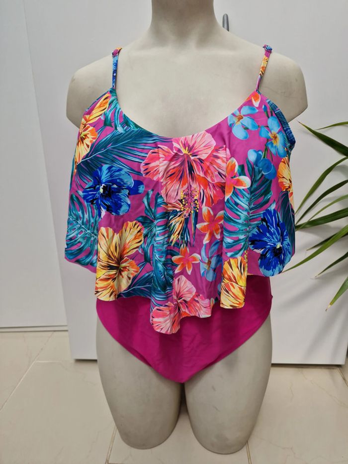 Maillot De Bain Une Piece Fuchsia Volants Imprimé Fleurs Hibiscus - photo numéro 2