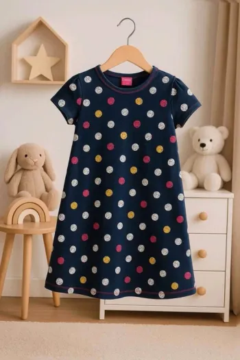 Robe fille manches courtes bleu marine à pois colorés – P’tit Ours – 18 mois