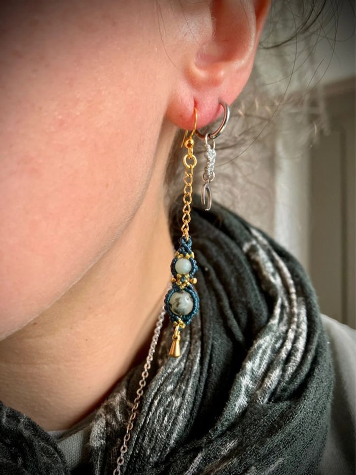 Boucles d’oreilles pendantes dépareillées macramé pierre Jaspe, Amazonite - photo numéro 5