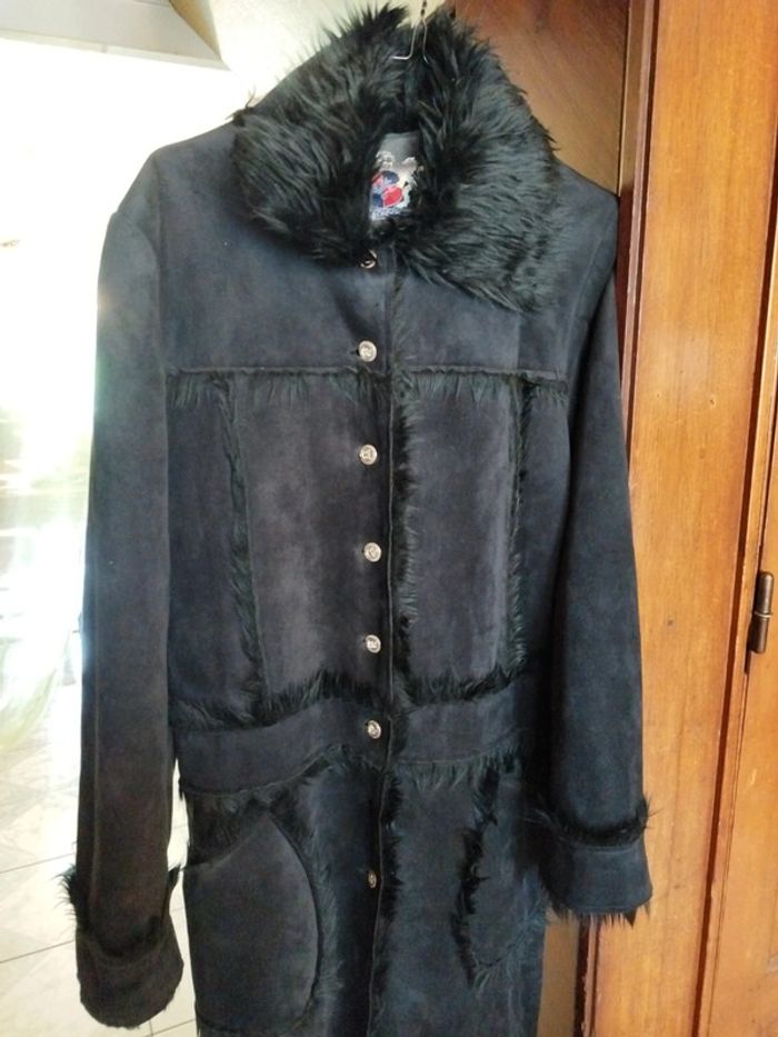 Manteau long noir fausse fourrure faux fur black coat L/40 vintage y2k - photo numéro 6