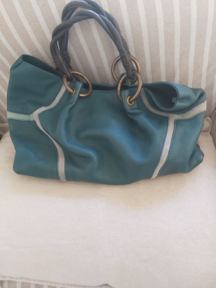 Sac à main cabas turquoise &  anse tressé - photo numéro 2