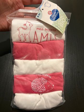 Lot de 5 bodies « Mes supers amis » Manches courtes Mots d’enfants Taille 6 mois.