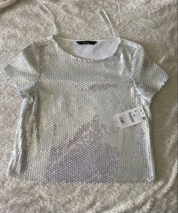 Haut Zara à sequins argenté et blanc