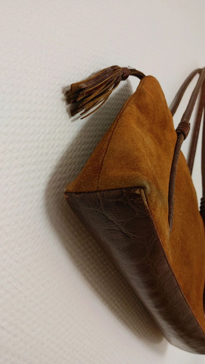 Sac en daim et cuir épaule bicolore marron Camel hanse et pompom - photo numéro 4