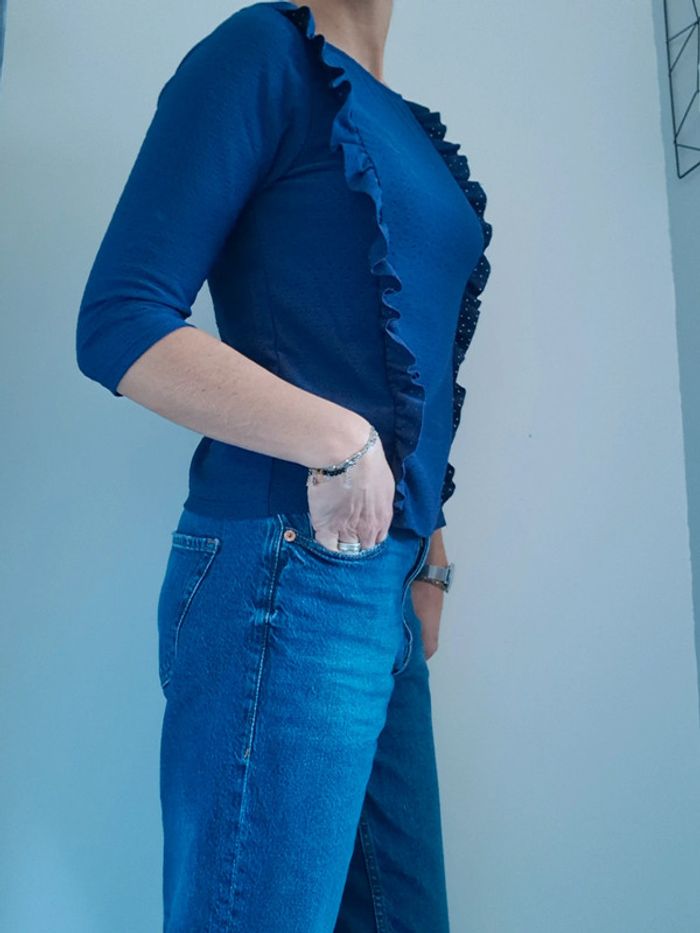 Blouse ajourée bleue à manches 3/4 taille 38 - photo numéro 2