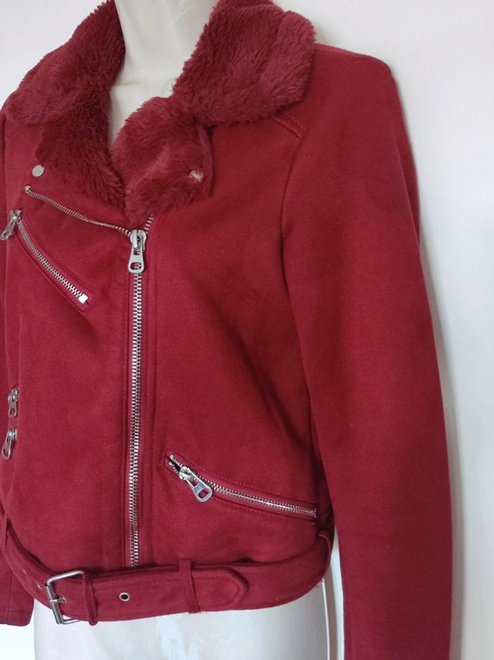 Perfecto blouson veste daim col fourrure rouge foncé / Pimkie - 36/S à 38/M - photo numéro 9