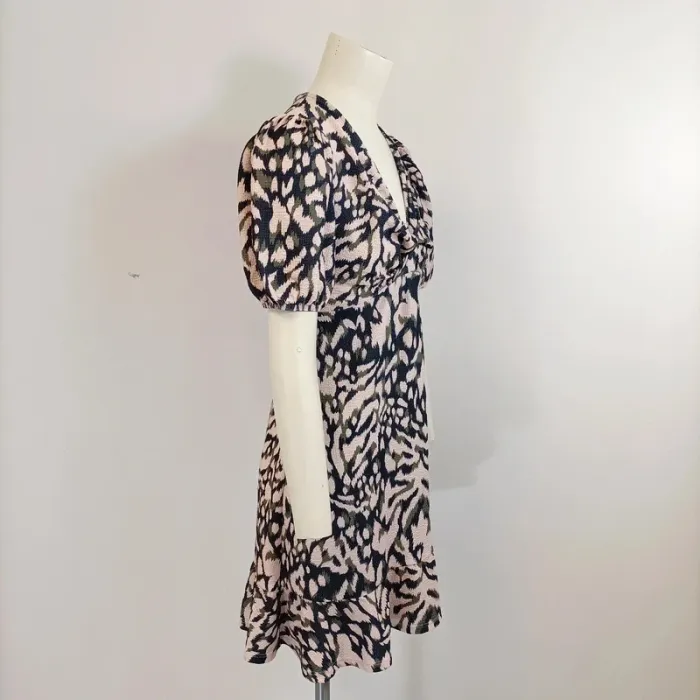 Robe print animal fauve Neuve- manches ballon, décolleté en V taille 38 - kaki, rose A281 - photo numéro 2