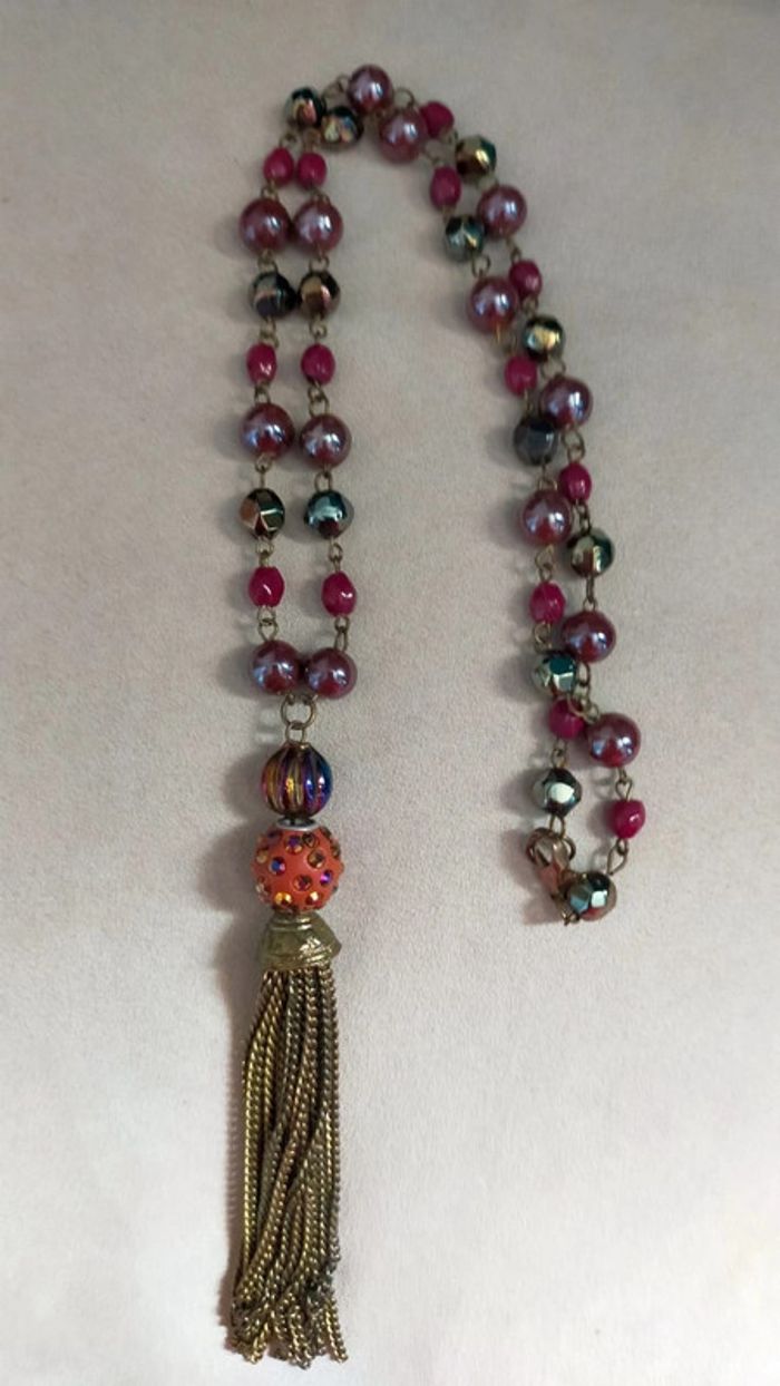 Collier vintage à pampille bronze – Perles prune & métalliques – Style bohème chic - photo numéro 14